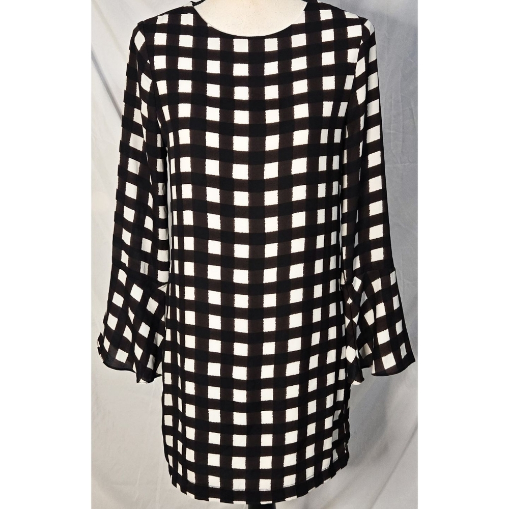 Eight Sixty Shift Dress Brown Beige Gingham Bell Sleeve